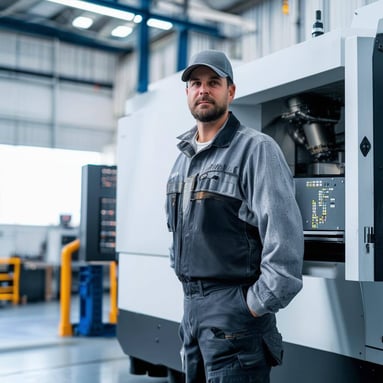 A machine operator standing in front of a CNC machine in a white warehouse of aerospace operations