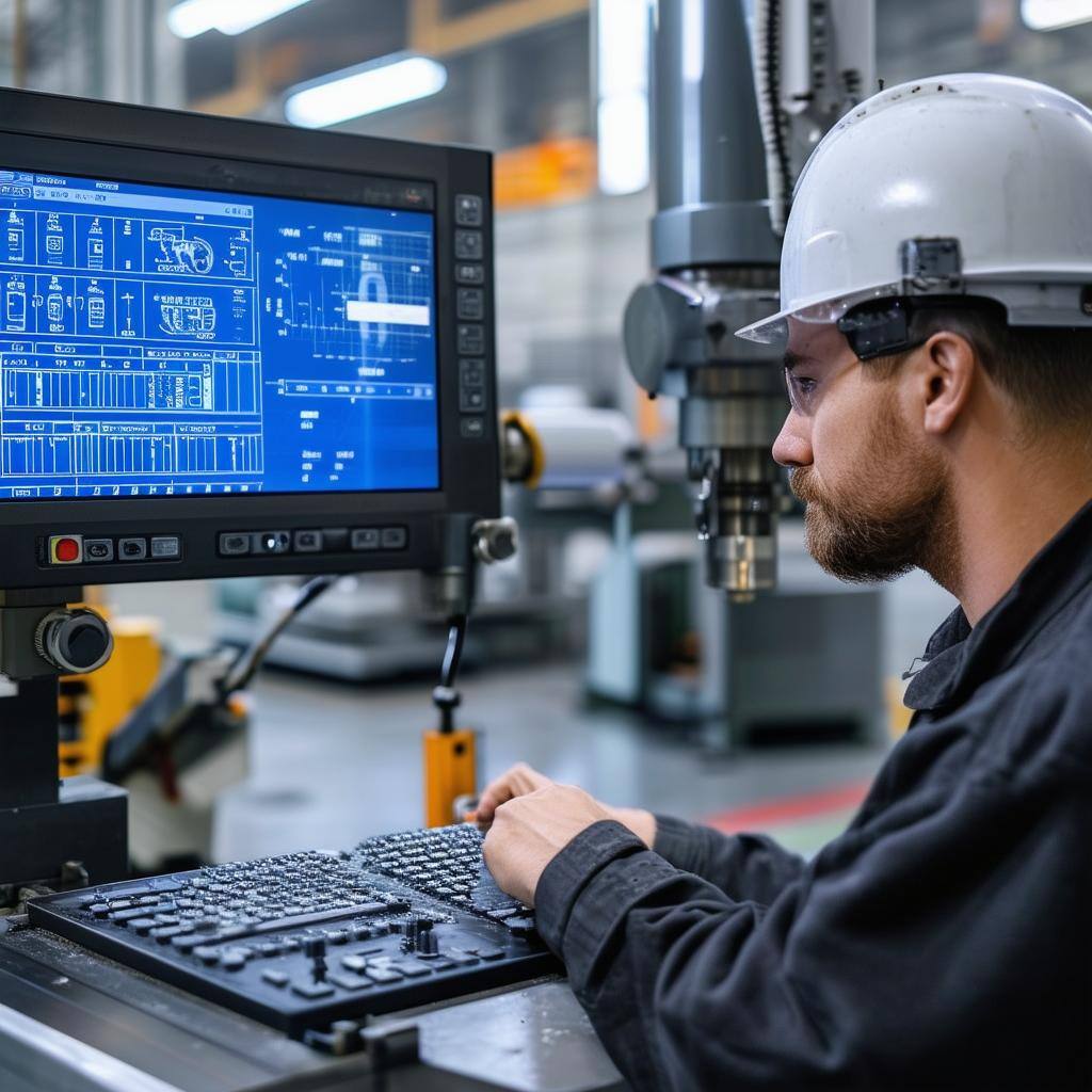 machinist operating a cnc machine on a factory floor with a live screen with machine data