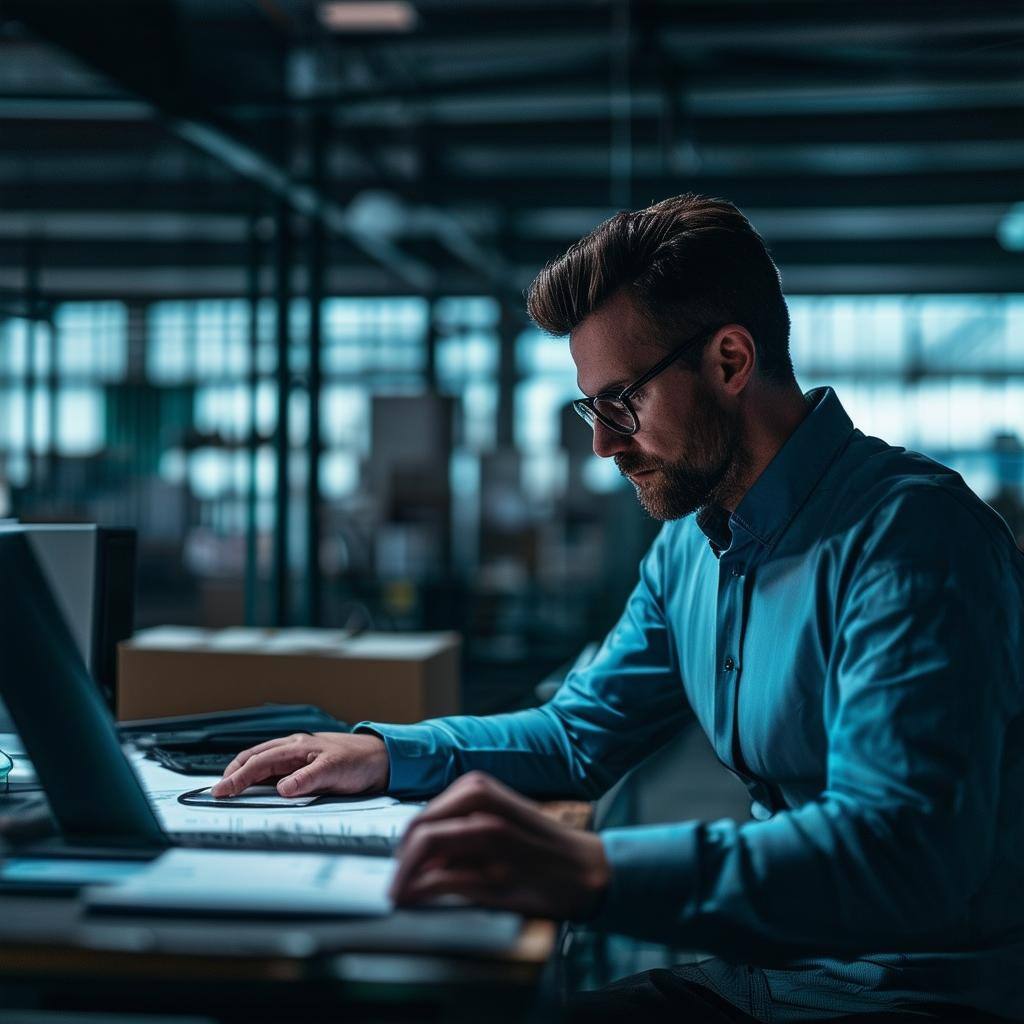 manager doing planning and scheduling in a manufacturing facility in a dark closed office