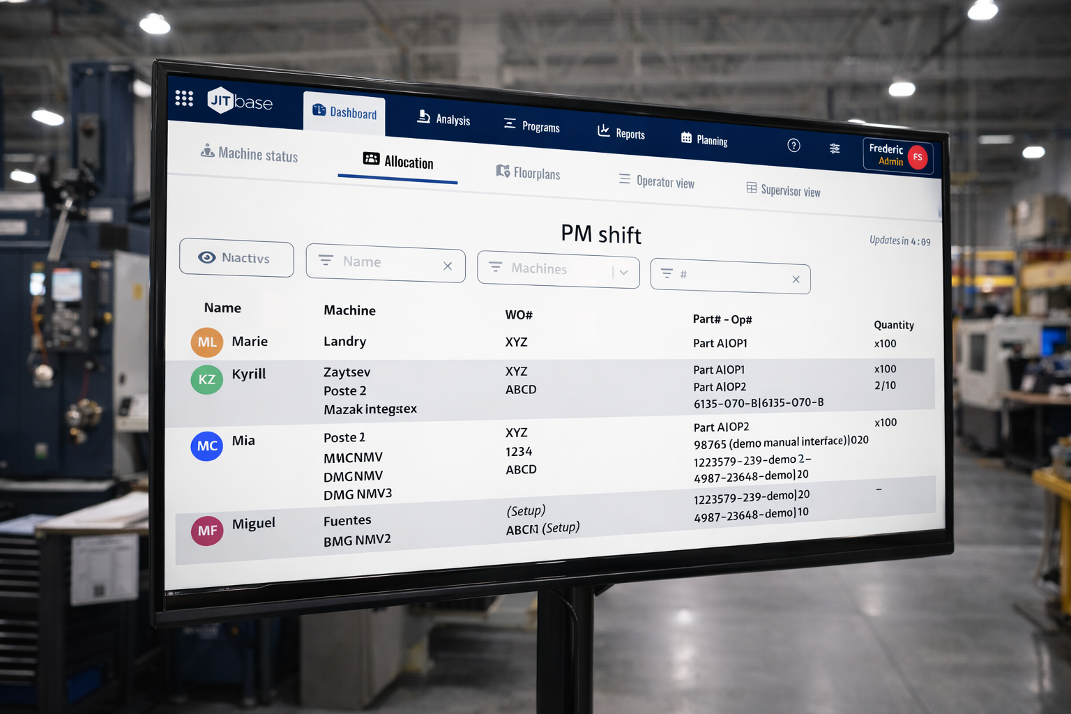 JITbase Operator allocation dashboard displayed on a big TV screen in production