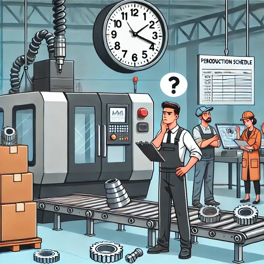 DALL·E 2025-03-06 14.19.25 - An industrial factory setting with CNC machines in operation. One machine is idle with a frustrated worker looking at a clock. Another worker is check