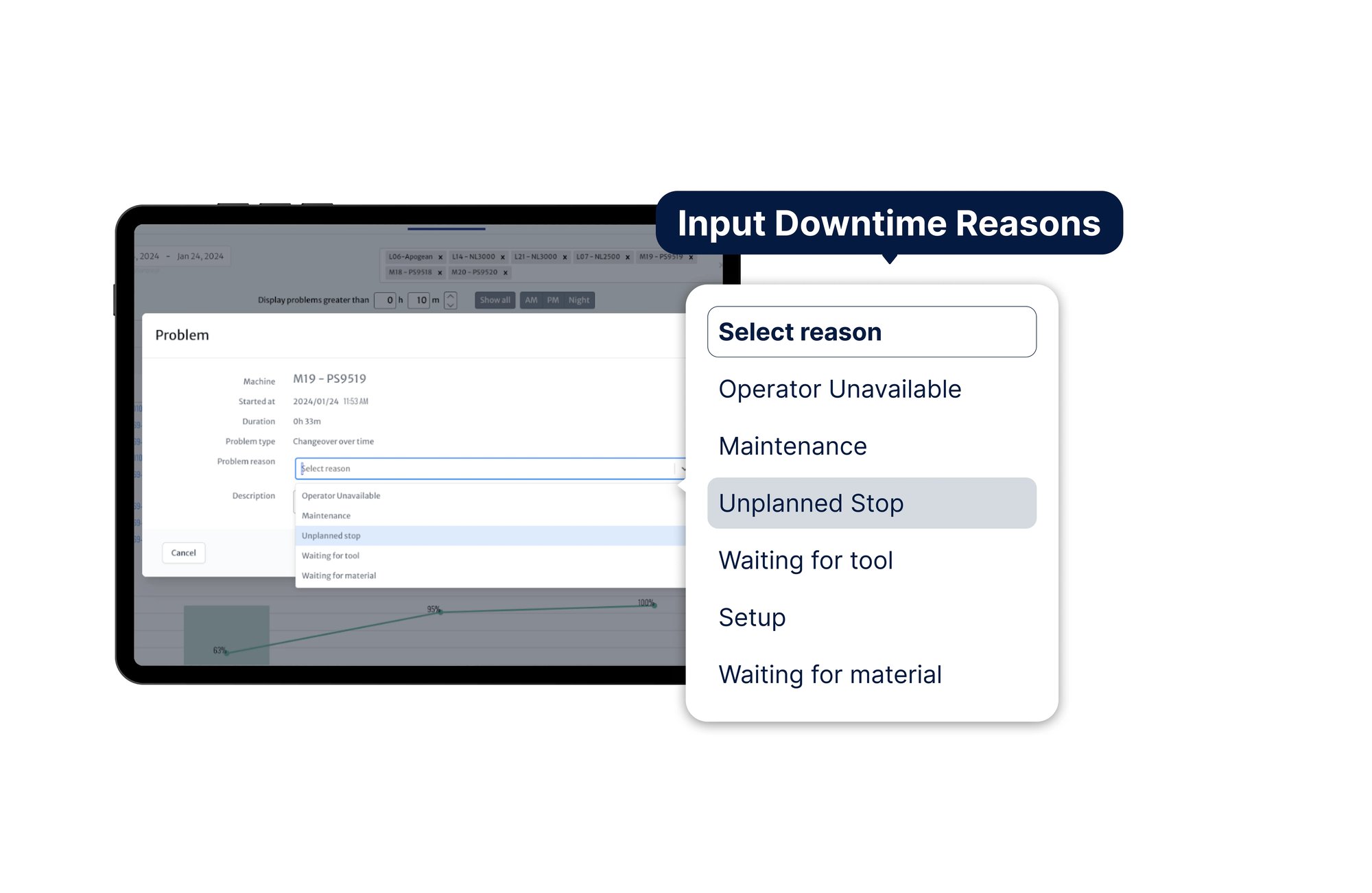 JITbase interface for the CNC operator to enter machine downtime reasons