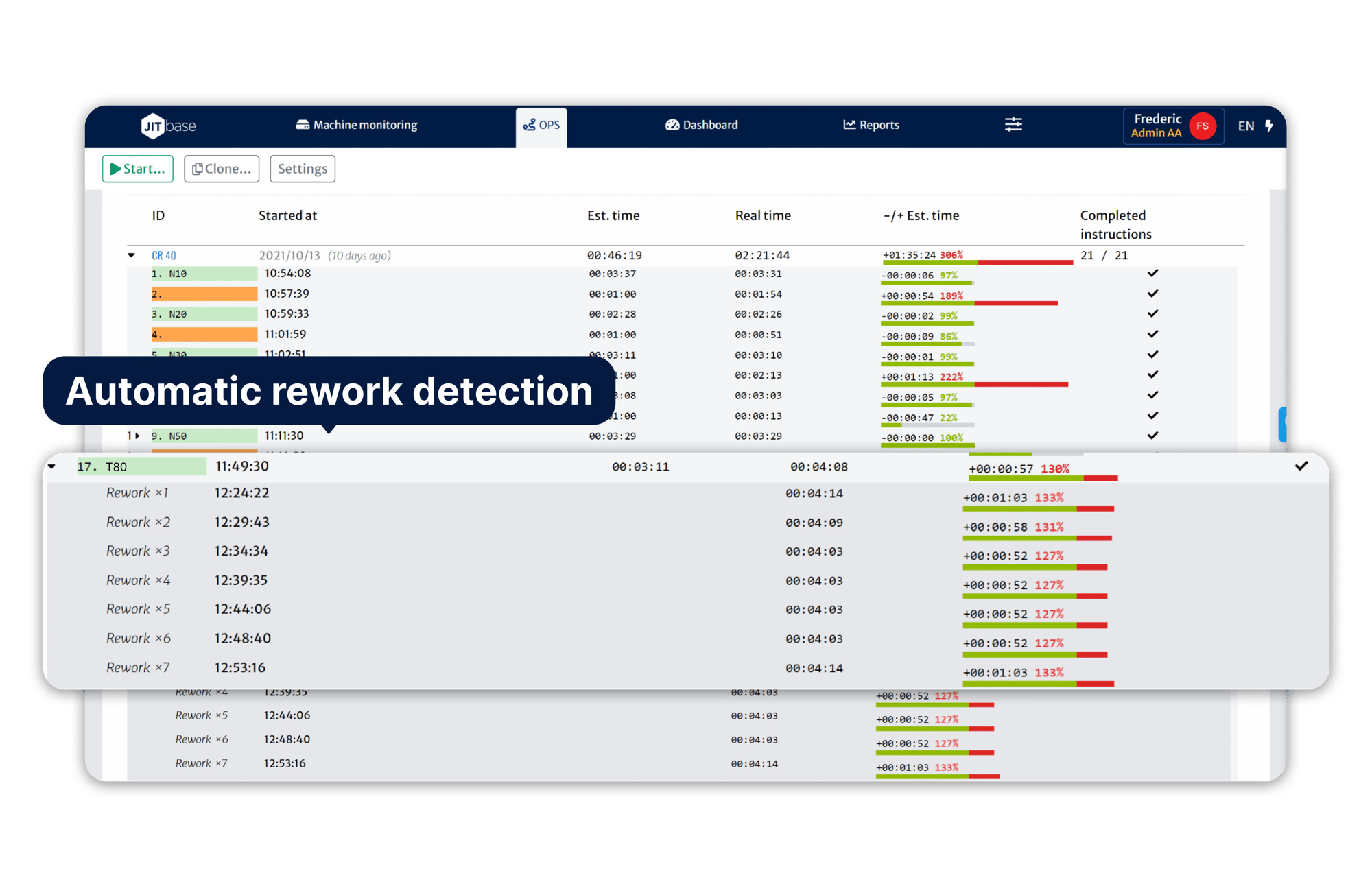 JITbase software interface where the user can visualize the reworks performed by the CNC operator