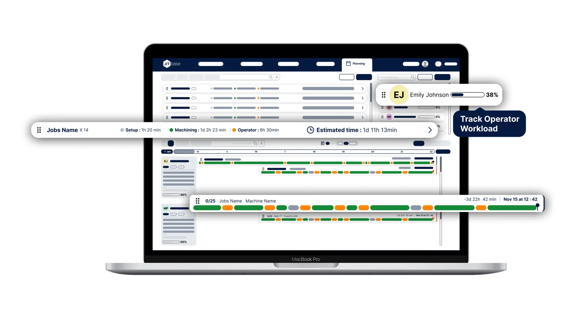 JITbase software interface displaying the production planning and scheduling tool