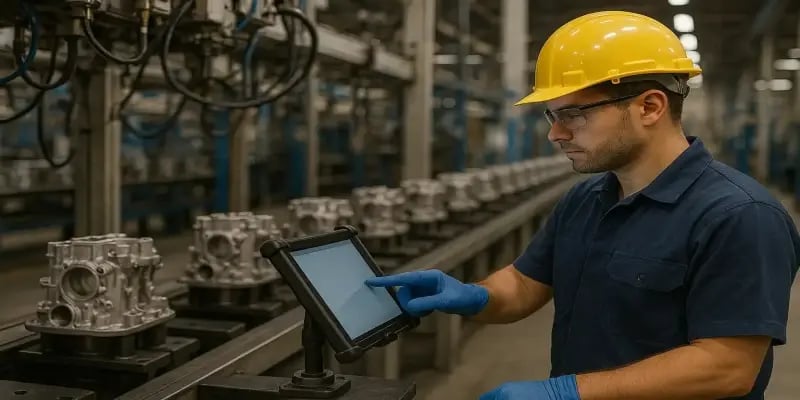 Opérateur connecté utilisant une tablette numérique JITbase en atelier pour accéder aux données de production en temps réel, améliorant la priorisation des tâches et l’efficacité de la main-d’œuvre dans un environnement manufacturier moderne.