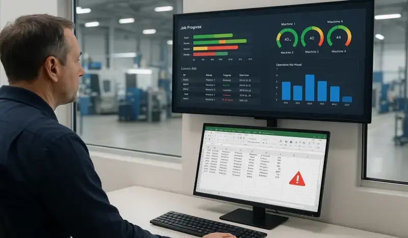 Production manager viewing JITbase dashboard turning ERP data into live insights with real-time job progress and workload visualization.