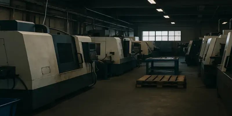 Atelier d’usinage sombre avec plusieurs machines CNC en fonctionnement mais sans supervision visible, illustrant le manque de visibilité et de suivi en temps réel dans la production.