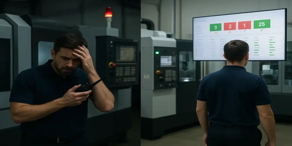 Comparatif avant-après dans un atelier CNC : à gauche, un superviseur stressé face à une machine en alarme ; à droite, le même superviseur visualisant un tableau de bord en temps réel affichant les alertes et les priorités de production.