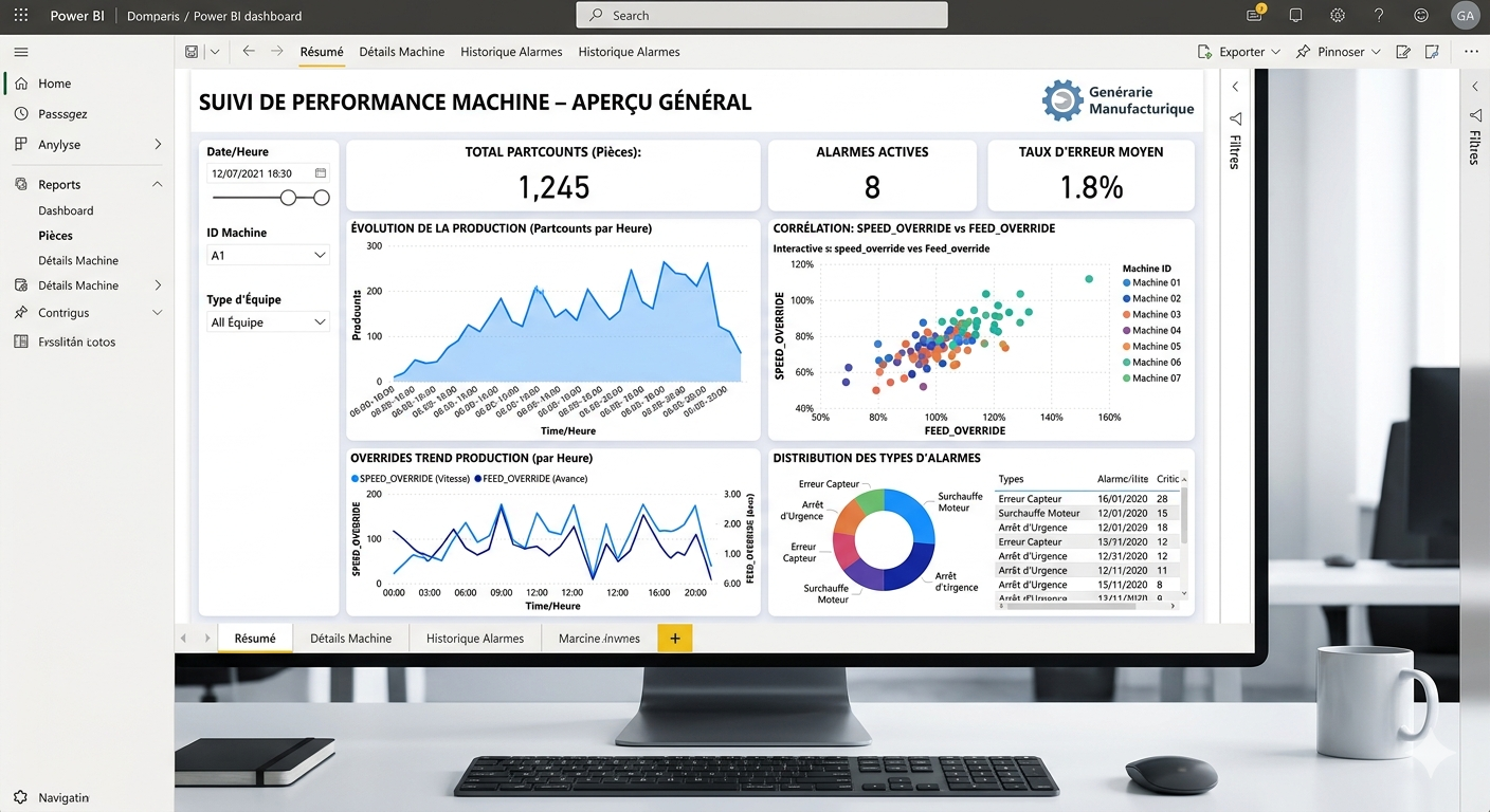 Power BI dashboard summarizing machine alarms and error rate — production monitoring with JITbase