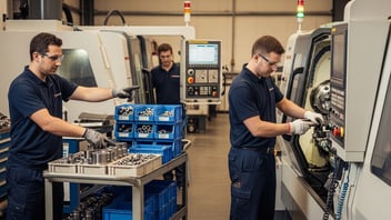 Operators working on CNC machines in a modern machining workshop, organizing parts and adjusting machine settings — illustrating JITbase workflow optimization and real-time production visibility