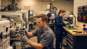 Technician installing an IoT sensor on a CNC machine while operators work in the background, illustrating automated operator workload tracking on the shop floor.