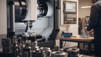 CNC operator setting up a machining center with automated tool change, illustrating shop-floor automation, reduced setup time, and efficient production workflows with JITbase.