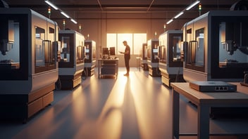 CNC machines aligned in a modern shop floor with an operator reviewing production data, illustrating automated downtime detection and real-time machine monitoring powered by JITbase.