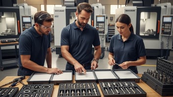 Manufacturing team reviewing tooling setups and production tasks beside CNC machines, illustrating employee productivity tracking, task visibility, and coordinated shop-floor performance with JITbase.