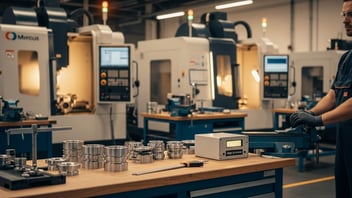 CNC shop floor with machined parts, measurement tools, and connected machines, illustrating overall equipment effectiveness (OEE) software, machine performance monitoring, and production efficiency with JITbase.