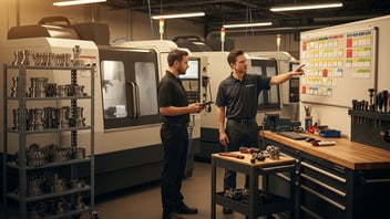 Operators reviewing a production scheduling board next to CNC machines, illustrating production tracking software and real-time shop-floor planning.