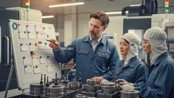 Production manager reviewing a workforce planning board with shop-floor operators in a CNC workshop, illustrating production scheduling, labor planning, and operational coordination with JITbase.