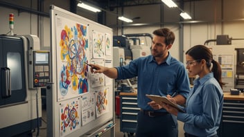 Manufacturing engineers reviewing production workflow diagrams to build an OEE dashboard in a CNC shop.