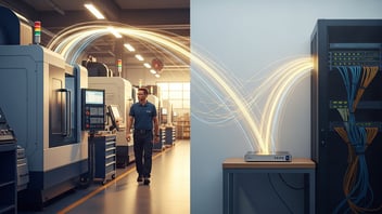 CNC shop floor connected to a server via data streams, illustrating cloud vs on-premise MES and real-time WIP visibility with JITbase.