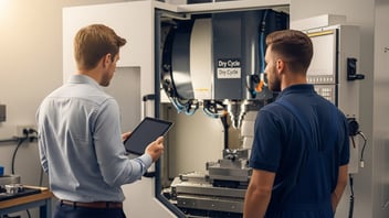 Mécanicien examinant des données de chronométrage de production en atelier — diagnostic du temps de cycle CNC avec JITbase