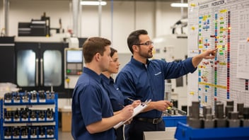 Production team reviewing a shop-floor scheduling board in a CNC machine shop — production dashboards with JITbase