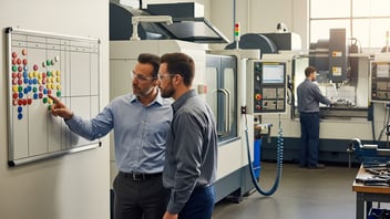 Two managers comparing mismatched OEE dashboards on a CNC shop floor — TRS KPI definition errors with JITbase
