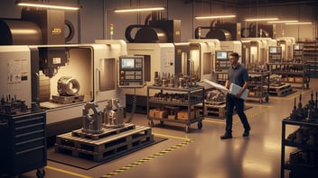 Production planner walking through a CNC shop floor with connected machines and finished parts, illustrating overall equipment effectiveness (OEE), machine utilization, and real-time production tracking with JITbase.