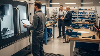 Operator checking a tablet near a CNC machine while a supervisor talks with a manager — workforce management with JITbase