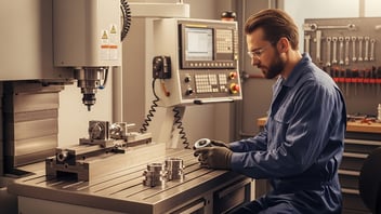 Opérateur contrôlant une pièce usinée sur une machine CNC, avec pupitre de commande et outillage à proximité ; illustration de la capture des temps de cycle, du suivi opérateur et de l’exploitation des données G-code avec JITbase.