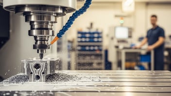 Close-up of a CNC milling machine cutting a metal part with coolant spraying, illustrating real-time machining data capture and cycle-time optimization with JITbase
