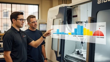Engineers analyzing CNC machine cycle times with a digital chart overlay showing cutting, rapid moves, and tool changes, illustrating JITbase G-code cycle time extraction.