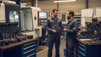 Manufacturing technicians reviewing job time and production tasks beside a CNC machine, illustrating digital time tracking, workforce coordination, and accurate labor data capture with JITbase.