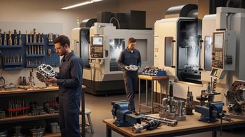 CNC operators inspecting machined components on a modern shop floor, illustrating OEE improvement, machine utilization optimization, and real-time production performance tracking with JITbase.