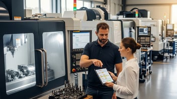 Production planner reviewing a digital scheduling dashboard beside CNC machines.