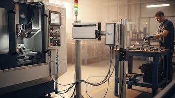 CNC machine connected to an IIoT edge device for cycle time monitoring, illustrating real-time machine data capture and low-hardware production tracking with JITbase.