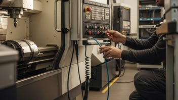 Technicien connectant un câble Ethernet au panneau de contrôle d'une machine CNC en atelier — intégration ERP atelier avec JITbase