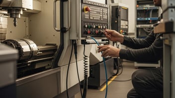 Technician connecting an Ethernet cable to a CNC machine controller panel in a machine shop — shop floor ERP integration with JITbase