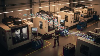 CNC shop floor with data flowing between machines and operator, illustrating Kanban vs continuous flow and real-time WIP tracking with production software.
