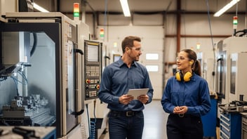Two manufacturing engineers reviewing shop-floor data on a tablet next to CNC machines — MES-ERP integration maturity diagnostic with JITbase