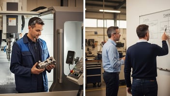 Split view of CNC shop floor operations and production planning meeting, illustrating the difference between MES execution and ERP planning systems.
