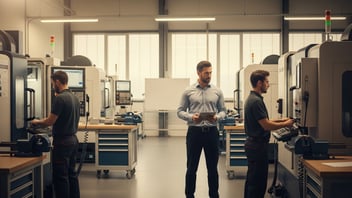 Superviseur d'atelier CNC tenant une tablette et observant deux opérateurs sur machines CNC — mesure et équilibrage de la charge opérateur avec JITbase.