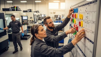 Opérateurs en atelier CNC ajustant un planning de production sur tableau visuel avec pastilles colorées, illustrant la planification et l’équilibrage de charge.
