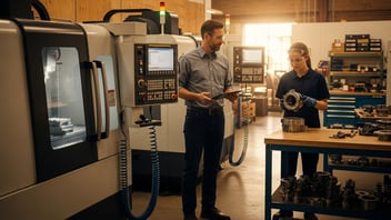 Production manager reviewing scheduling data on a tablet with a CNC operator holding a machined part — optimizing production scheduling in a CNC shop.