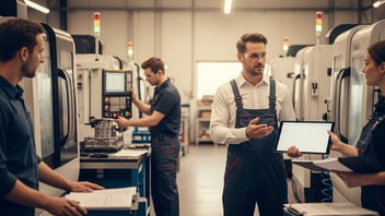 Chef d'atelier tenant une tablette lors de la revue matinale avec son équipe devant les machines CNC — organisation quotidienne de production avec JITbase