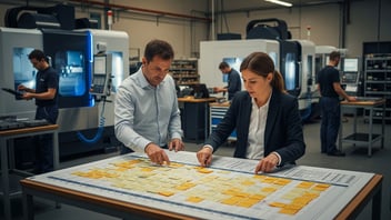 Planificateurs de production organisant l’ordonnancement CNC avec des post-it sur un tableau, illustrant la planification industrielle et la coordination atelier.