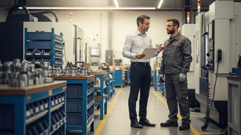 Production planner discussing shop-floor scheduling and workload balancing with a CNC operator in a modern manufacturing workshop.