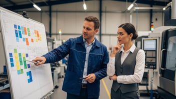 Responsable d'atelier et planificateur analysant un tableau de planning dynamique devant des machines CNC — implémentation SaaS de planification de production.