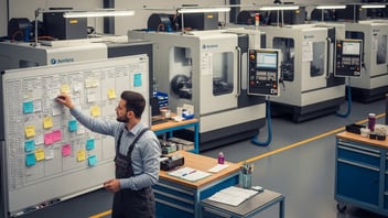Planification de production CNC sur tableau atelier avec opérateur organisant les ordres de fabrication devant des machines d’usinage connectées