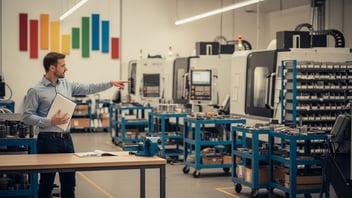 Production planner reviewing CNC shop-floor operations and machine workload, illustrating production planning, scheduling optimization, and real-time manufacturing visibility with JITbase.