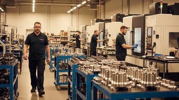 Production supervisor walking through a CNC shop floor with operators and finished parts, illustrating production planning, scheduling coordination, and real-time shop-floor execution with JITbase.
